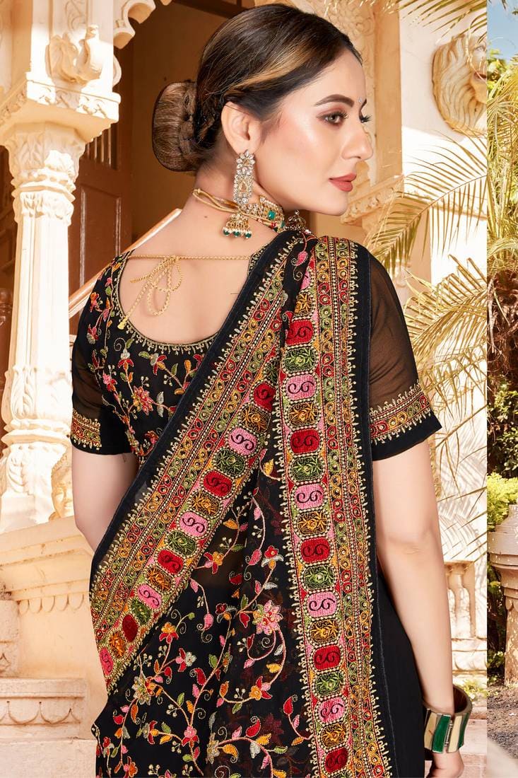 Ebony Kashmiri Embroidery Georgette Sari