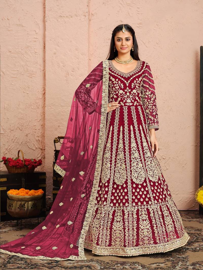 PINK EMBROIDERED NET INDIAN BRIDAL DRESS