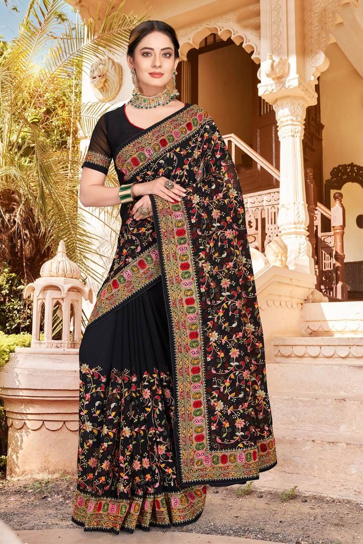 Kashmiri Embroidered Georgette Saree