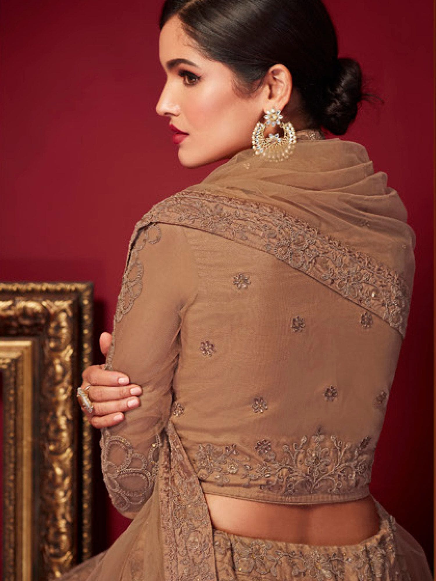 Stone-Adorned Brown and Silver Net Lehenga with Pullover