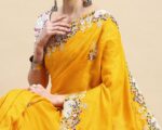 Indian Embroided Work Dola Silk Yellow Saree