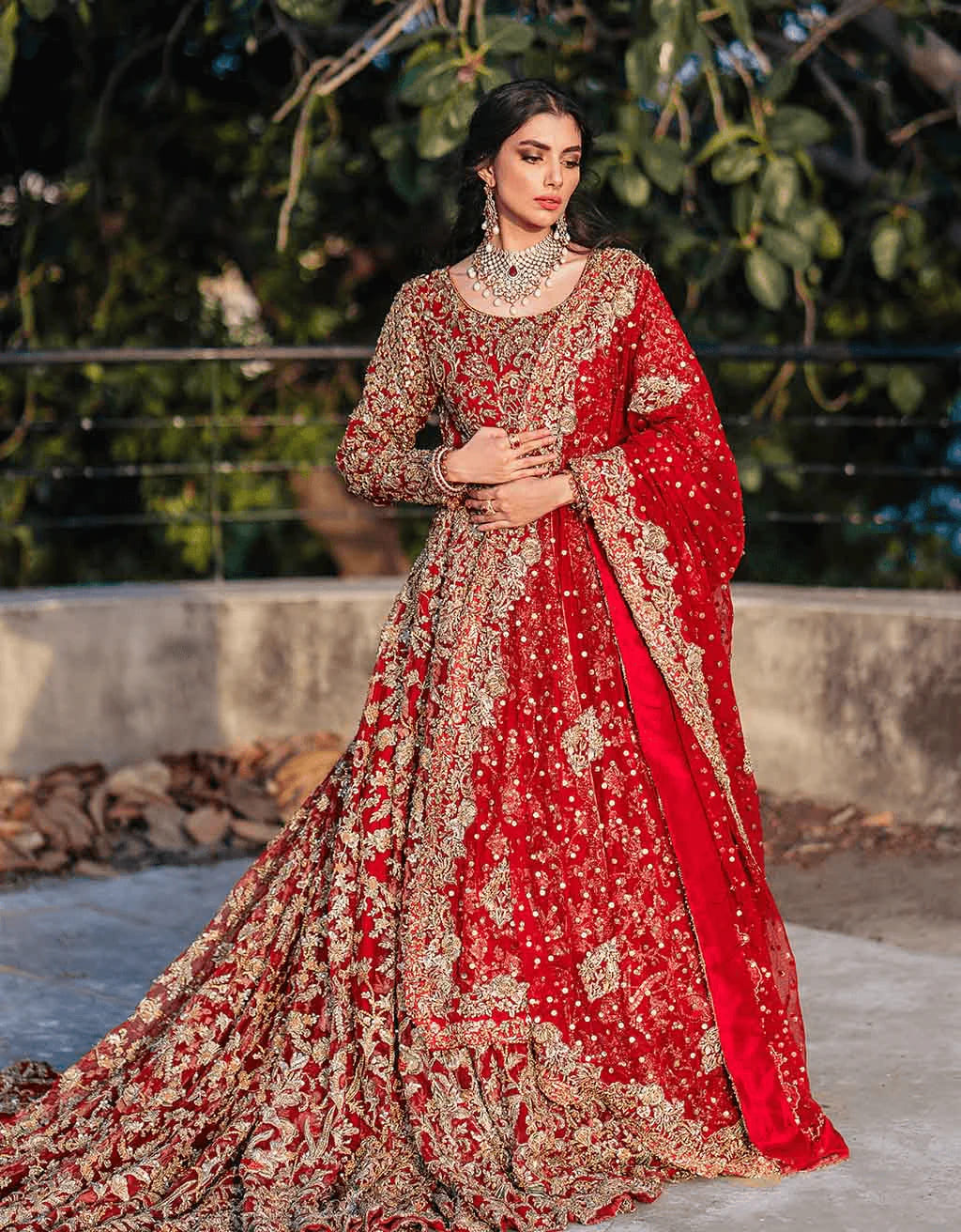 Blood Red Heavily Embellished Lehenga Gown Bridal Outfit