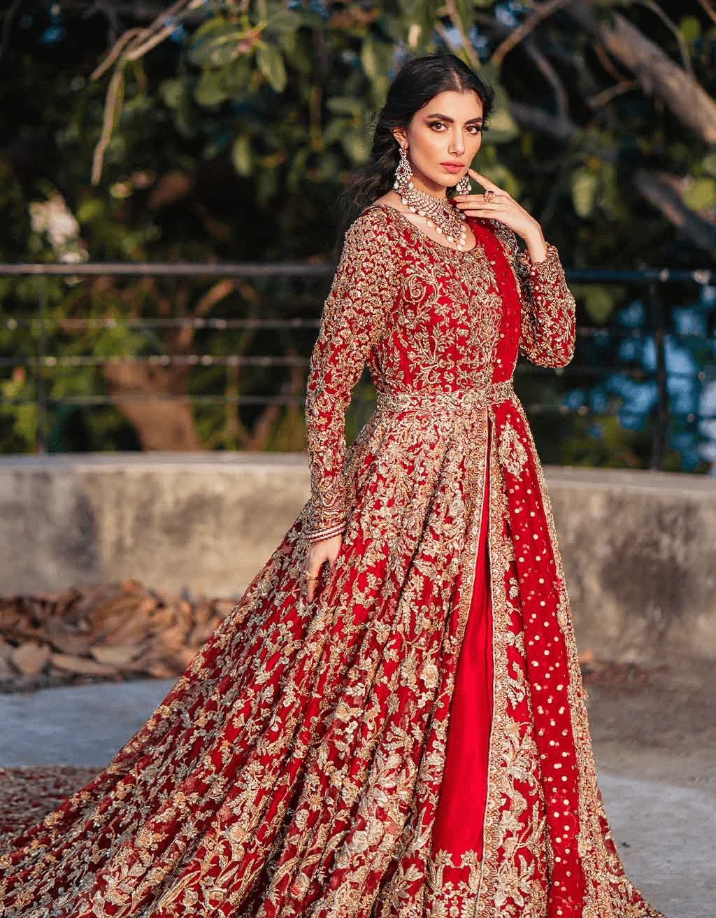 Blood Red Heavily Embellished Lehenga Gown Bridal Outfit