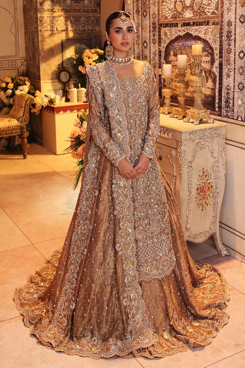 Pakistani Bridal Dress Gold Trail Lehenga