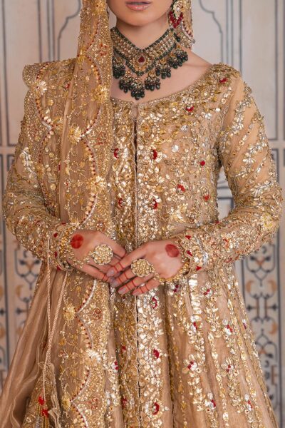 Pakistani Bridal Dress Gold Frock Lehenga Style Wedding Outfit