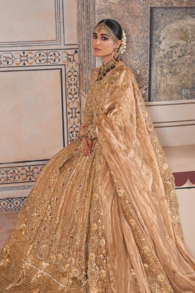 Pakistani Bridal Dress Gold Frock Lehenga Style Wedding Outfit