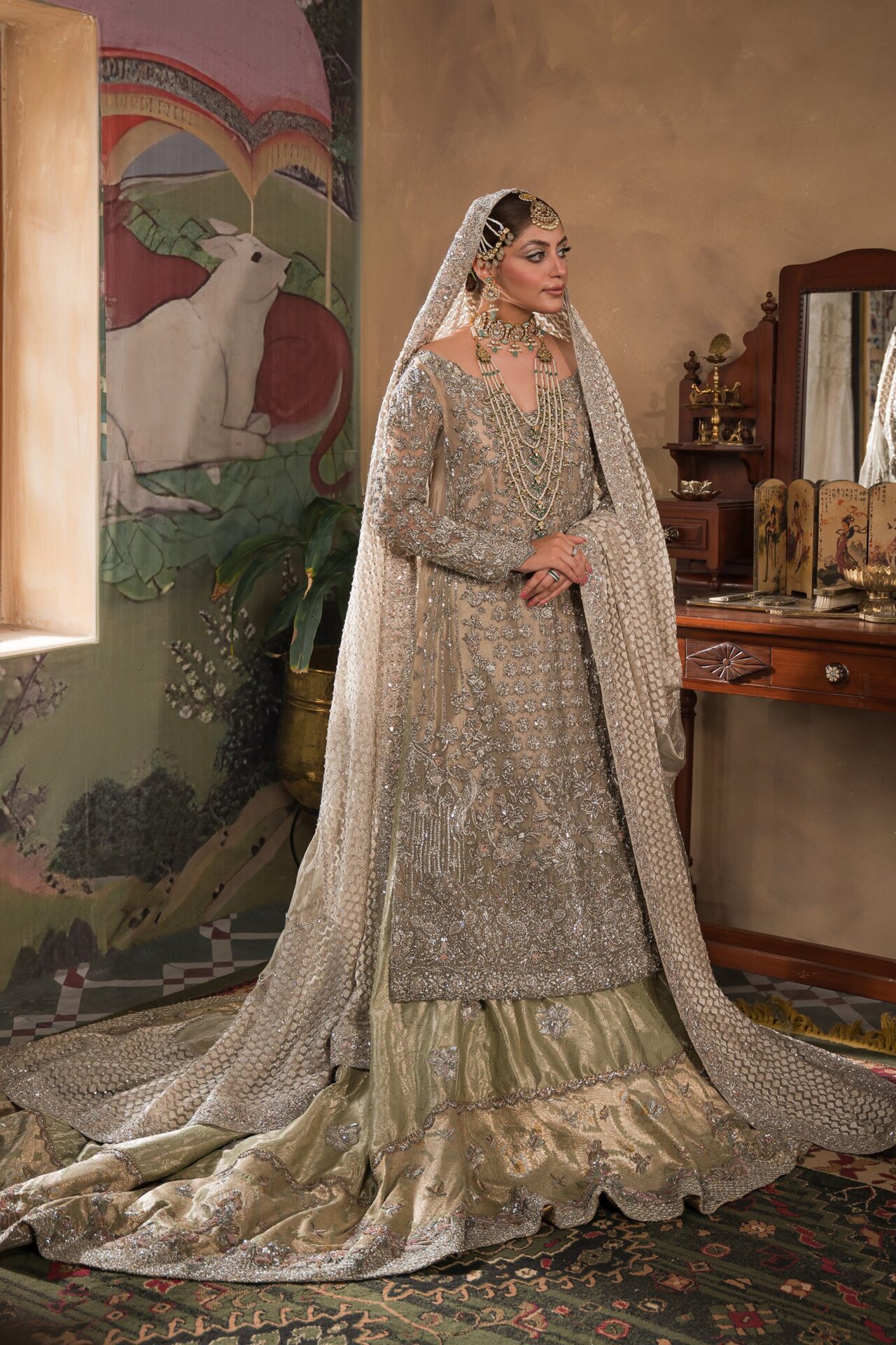 Champagne And Mint Farshi Lehenga Pakistani Bridal Outfit