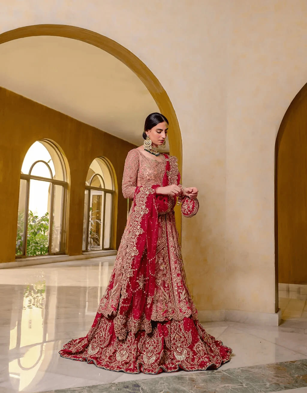 Peach And Pink Embellished Lehenga Pishwas Bridal Outfit