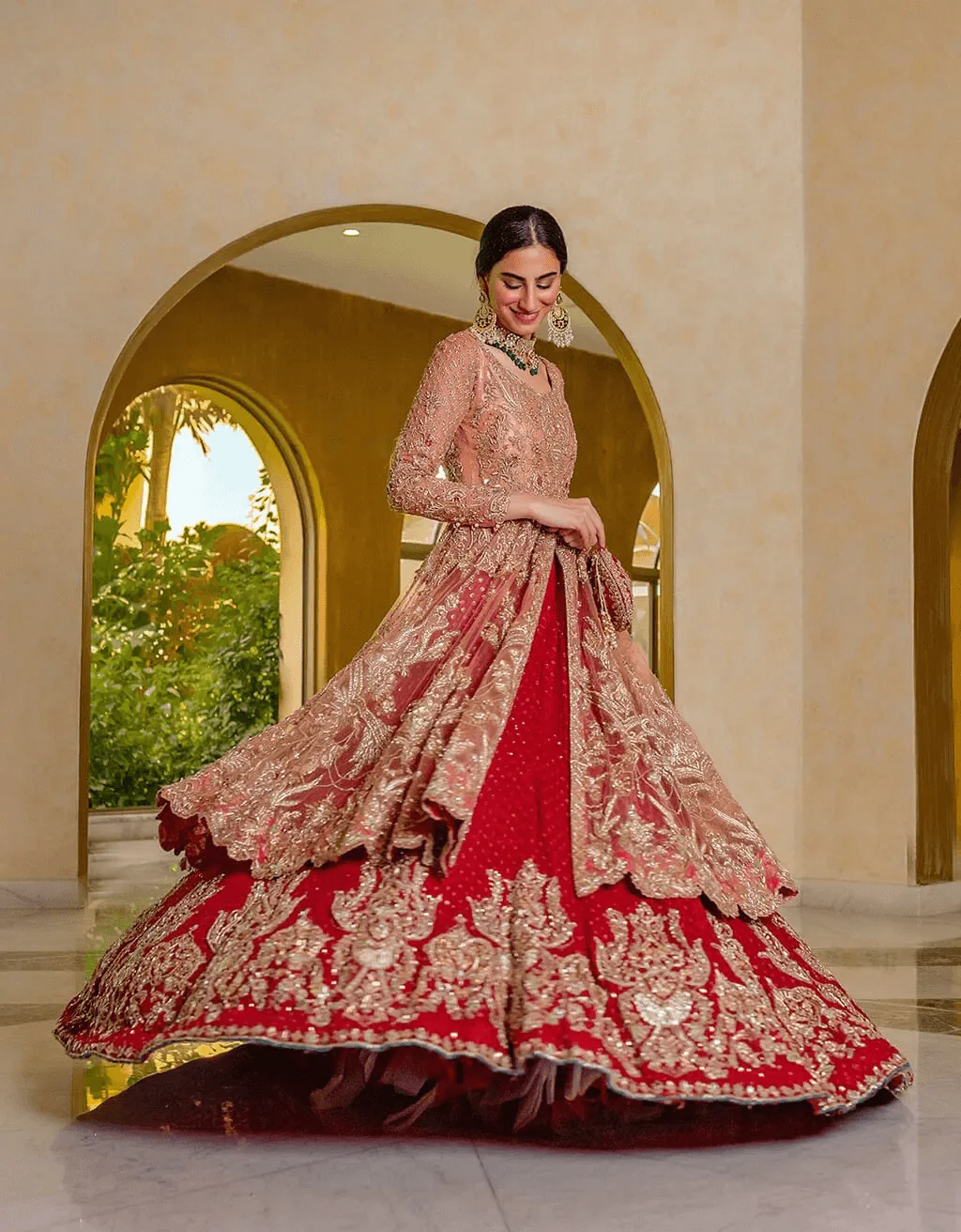 Peach And Pink Embellished Lehenga Pishwas Bridal Outfit