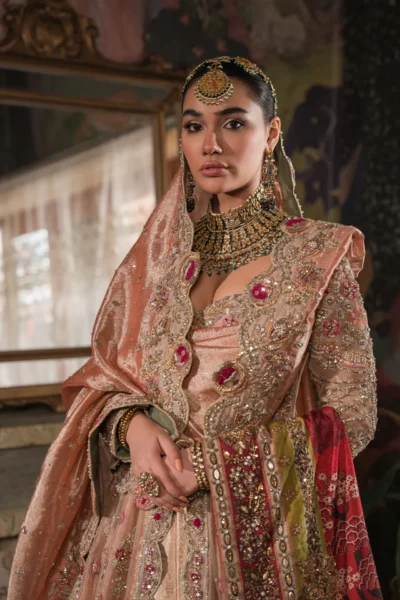 Classical Peach Gold Pishwas Lehenga Pakistani Bridal Dress