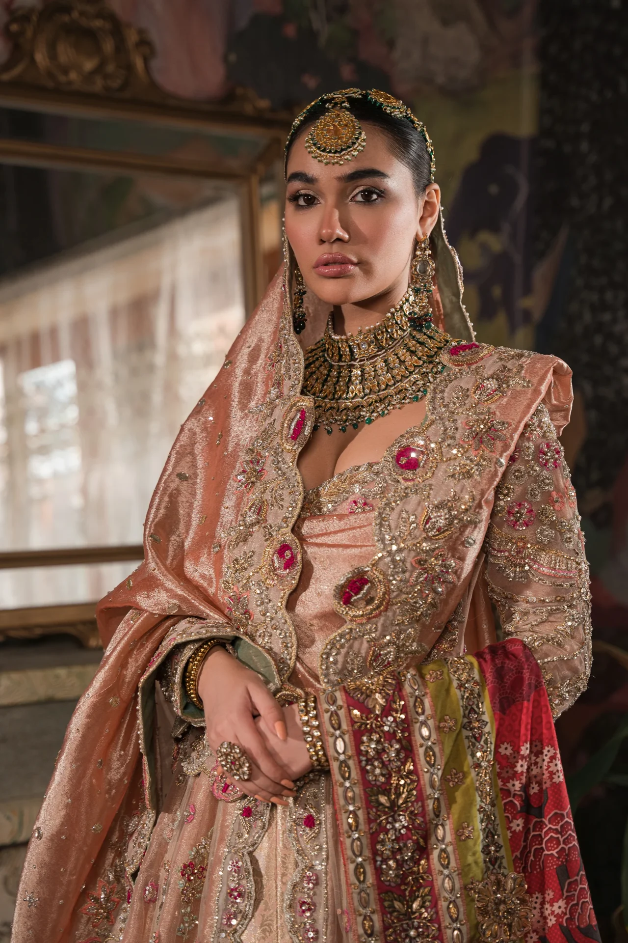 Classical Peach Gold Pishwas Lehenga Pakistani Bridal Dress