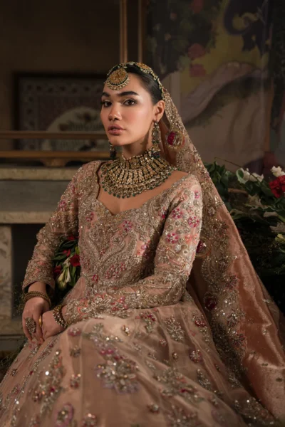 Classical Peach Gold Pishwas Lehenga Pakistani Bridal Dress