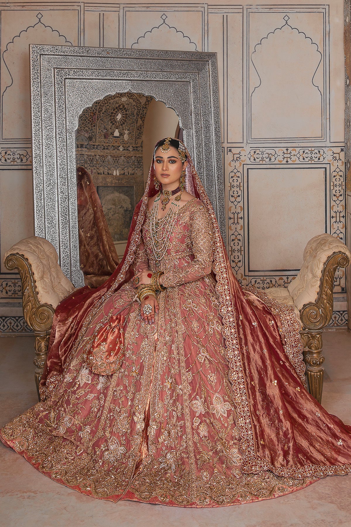 Dusky Pink Front Open Bridal Lehenga Pakistani Bridal Dress