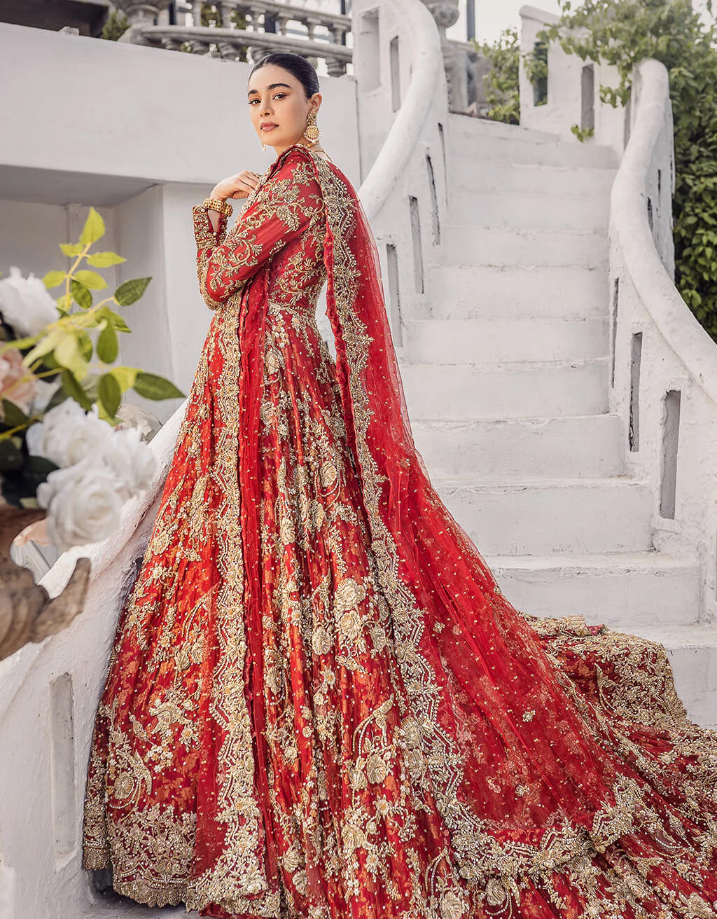 Red Long Flare Gown Lehenga Pakistani Bridal Outfit