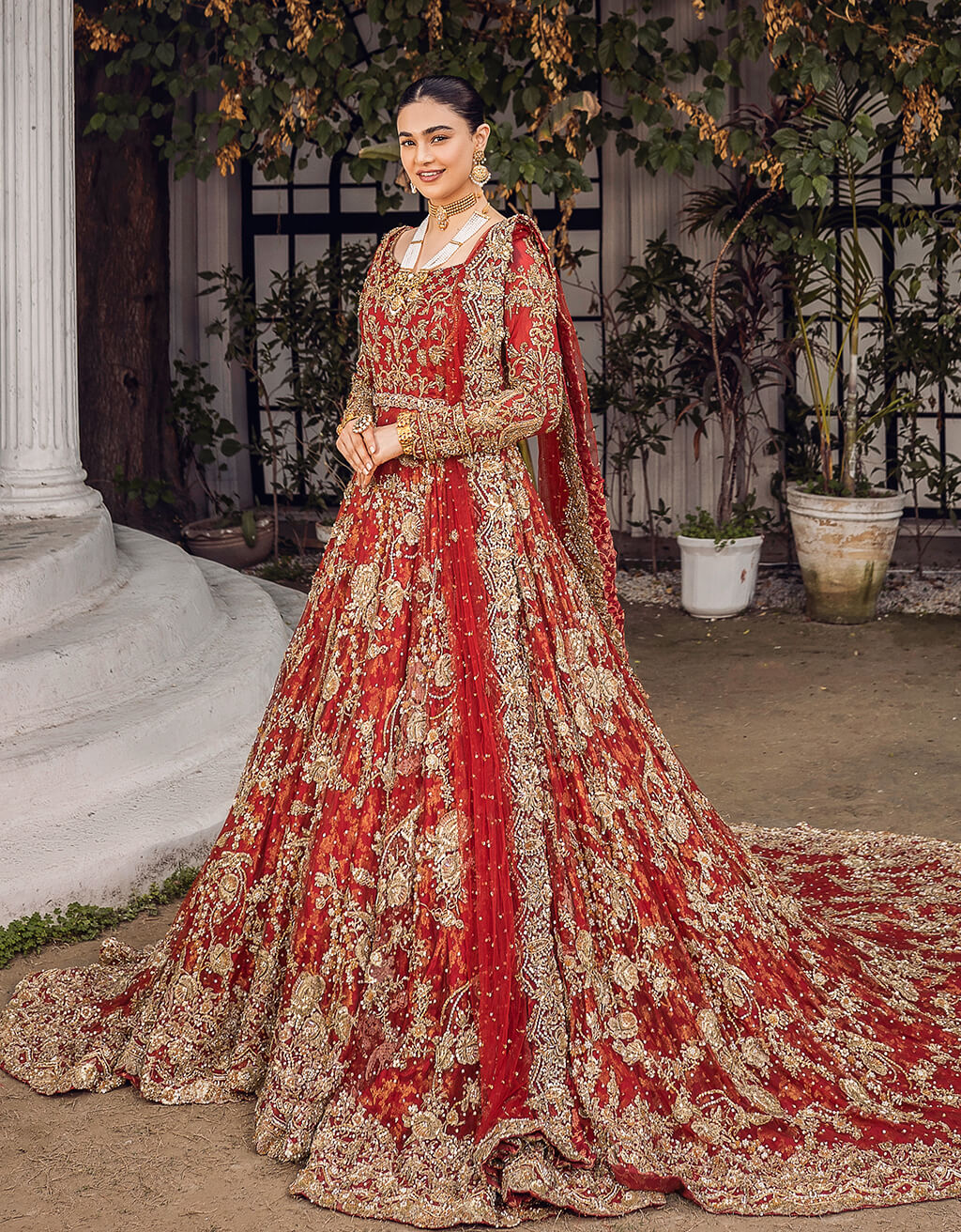 Red Long Flare Gown Lehenga Pakistani Bridal Outfit