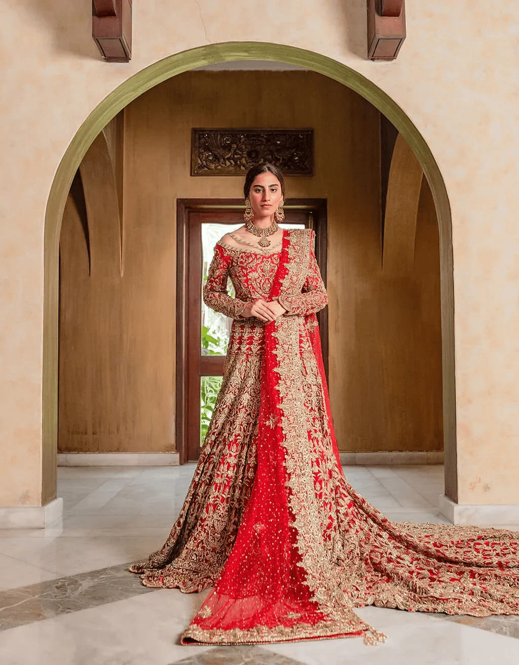 Pakistani Bridal Dress Classical Embellished Long Trail Lehenga