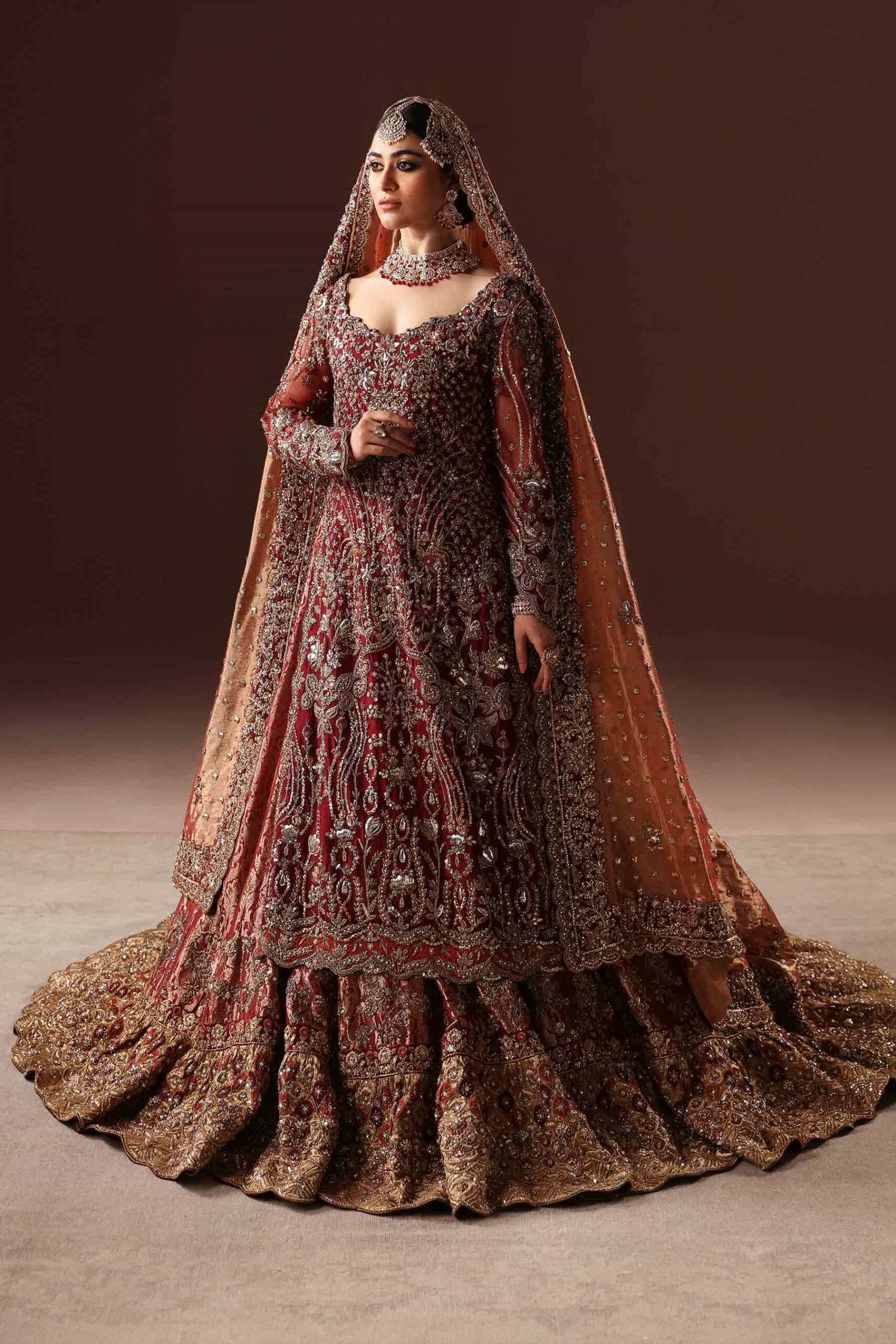 Burnt Rust And Maroon Farshi Bridal Lehnga For Wedding