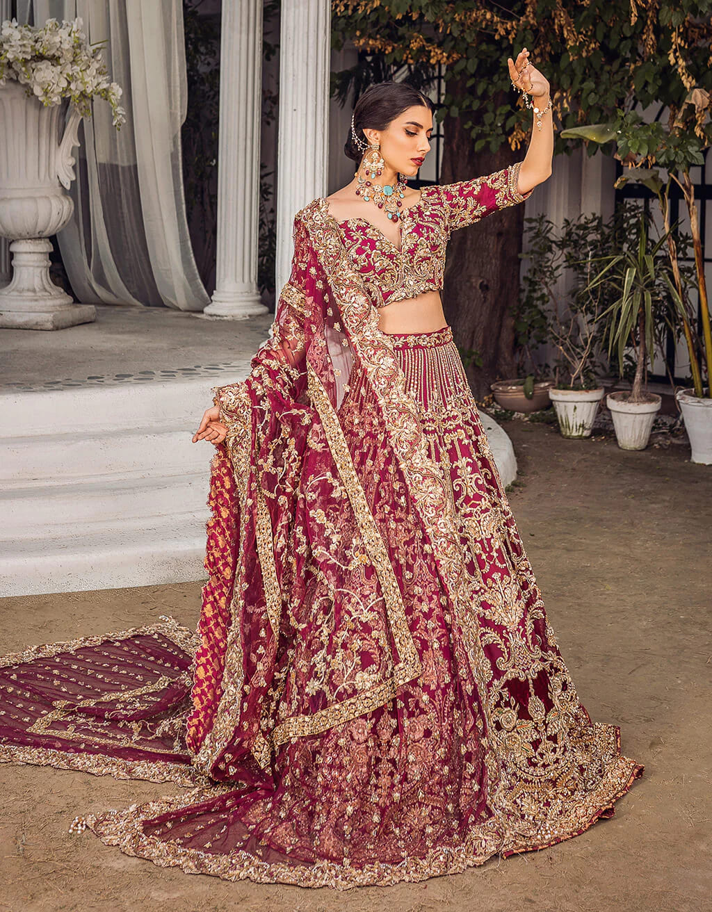 Embroidered Royal Wine Gold Lehenga Choli Bridal Outfit