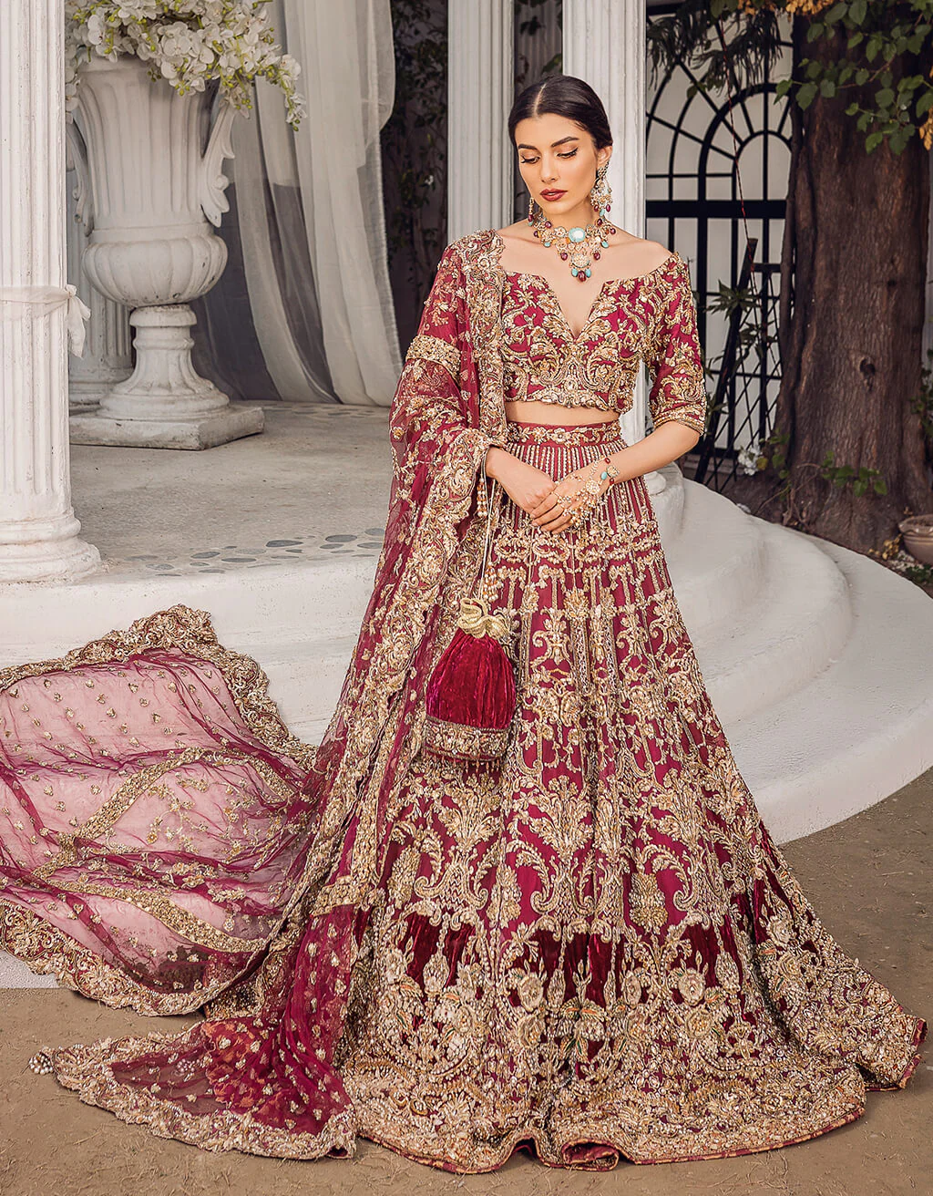 Embroidered Royal Wine Gold Lehenga Choli Bridal Outfit