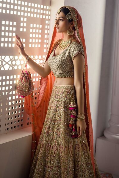 Pakistani Bridal Peach Gold Lehenga Choli Outfit