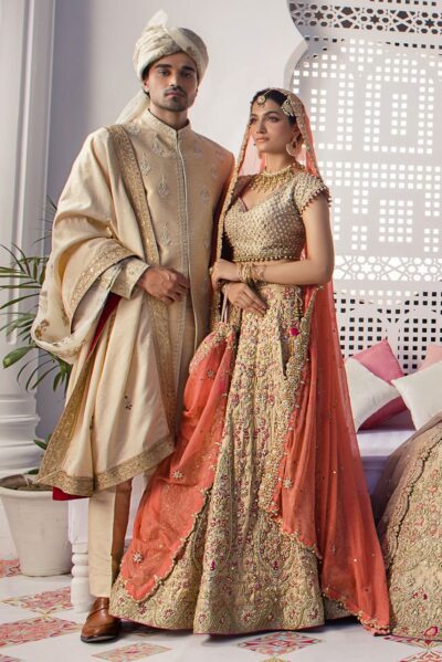 Pakistani Bridal Peach Gold Lehenga Choli Outfit