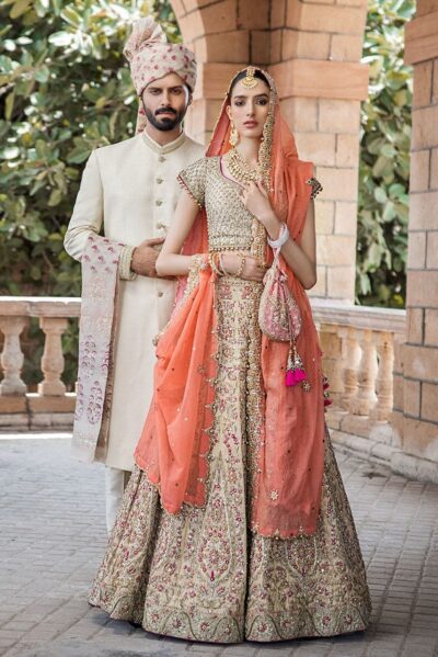 Pakistani Bridal Peach Gold Lehenga Choli Outfit