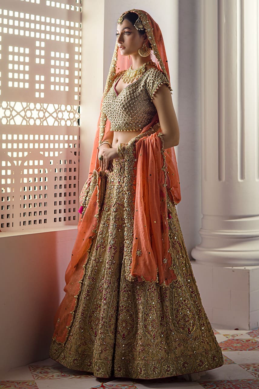 Pakistani Bridal Peach Gold Lehenga Choli Outfit