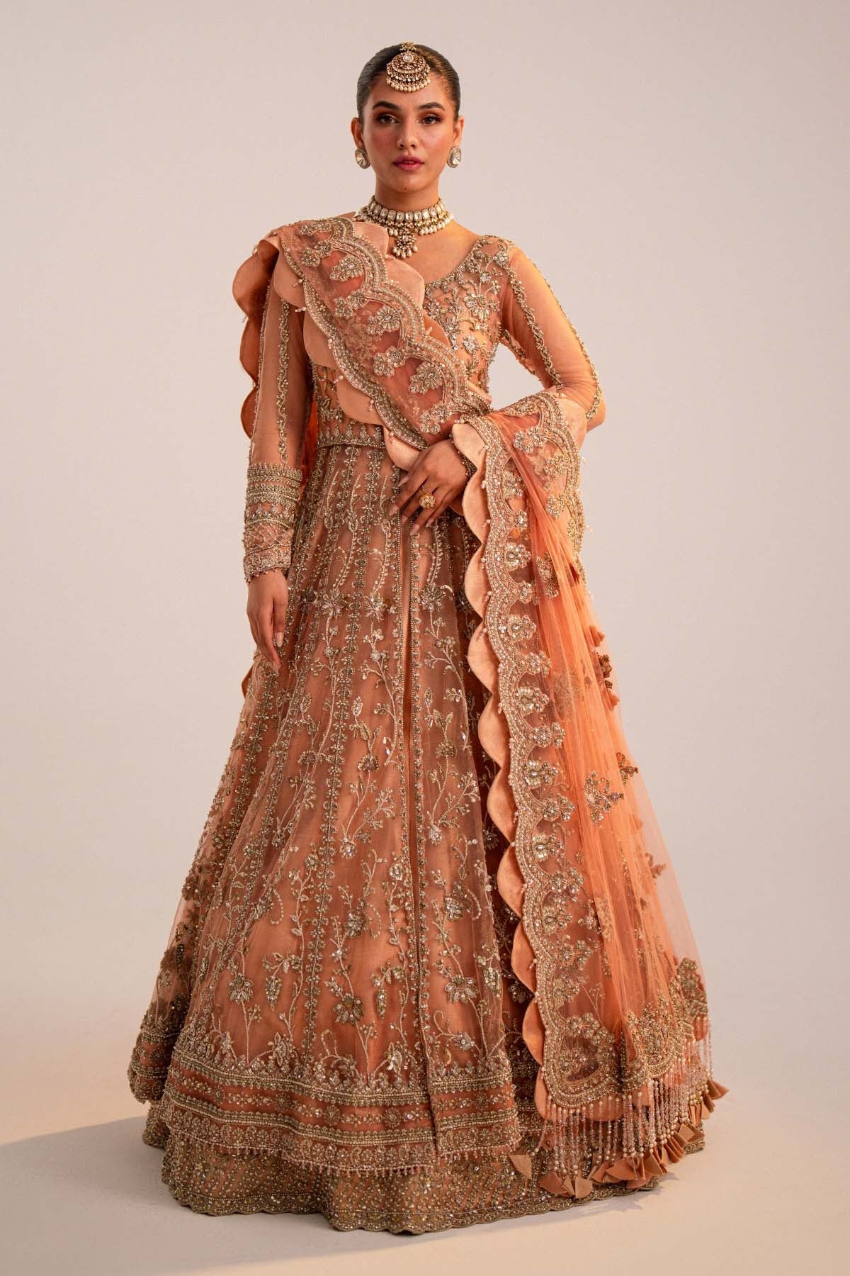 Pakistani Bridal Peach Lehenga Anarkali Style