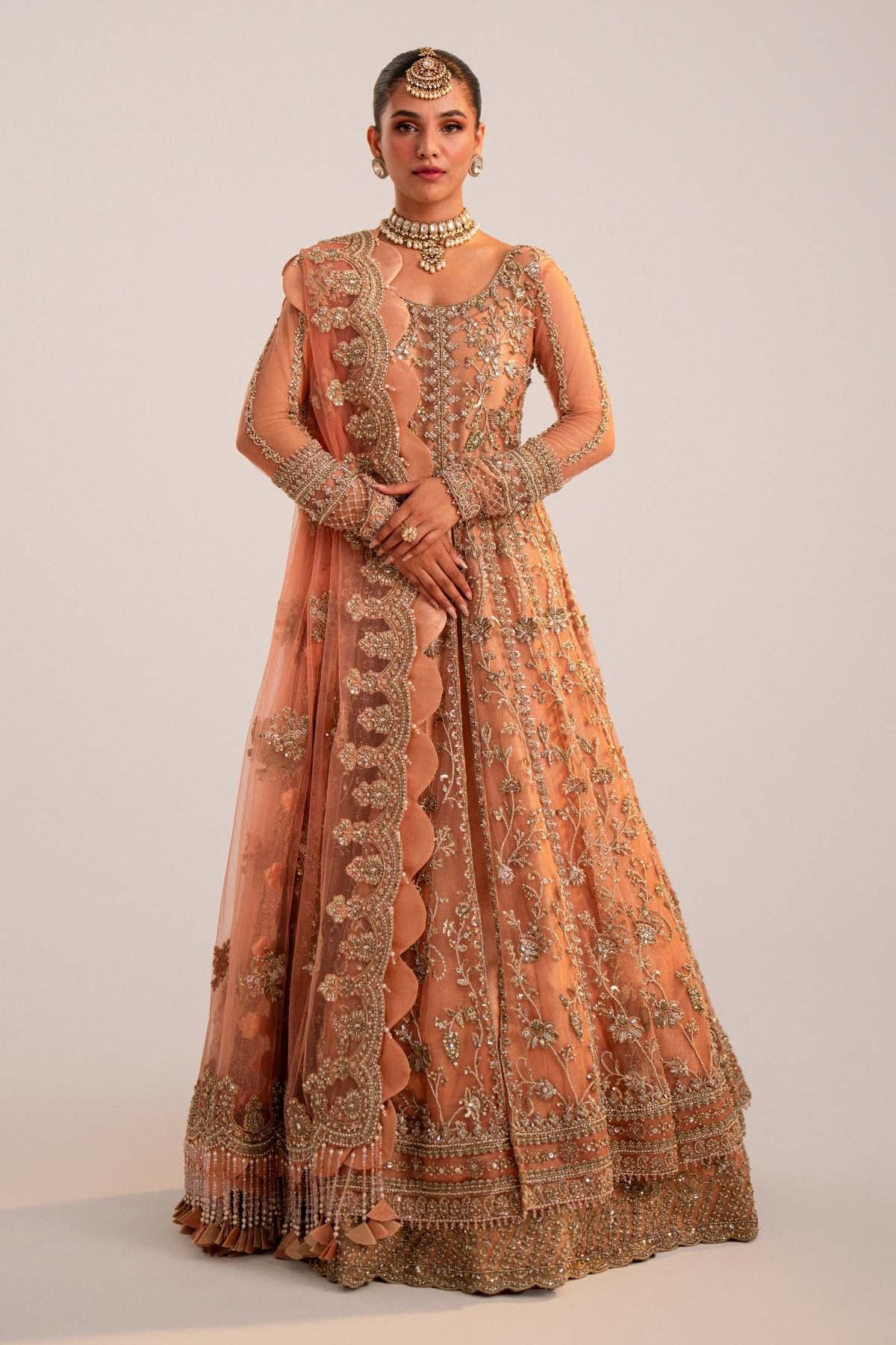 Pakistani Bridal Peach Lehenga Anarkali Style