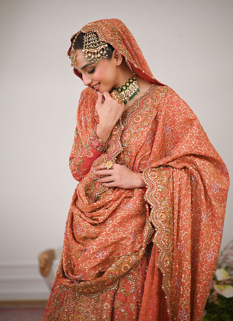 Pakistani Coral Color Kalidaar Farshi Lehenga