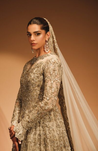 Embellished Pakistani Bridal Off-White Gown