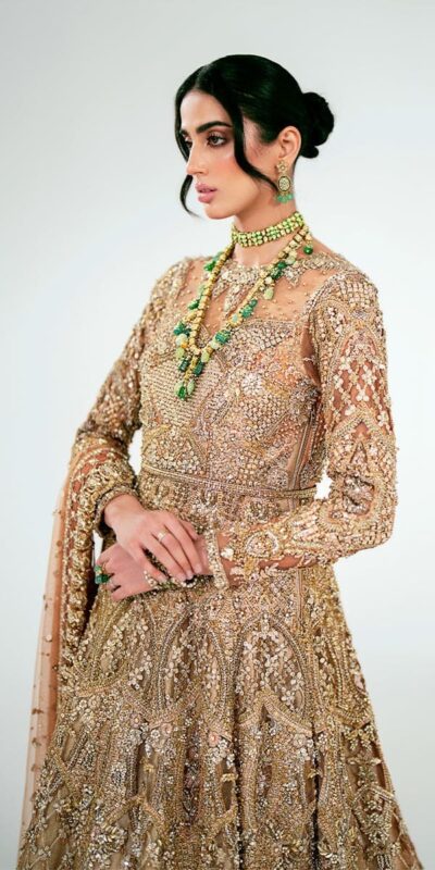 Pakistani Bridal Back Gold Tail Gown