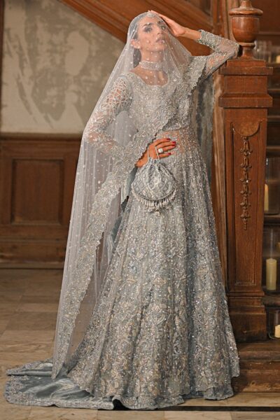 Pakistani Bridal Grey Blue Gown Lehenga