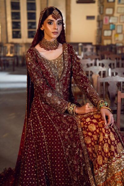 Long Open Pishwas Maroon Bridal Lehenga