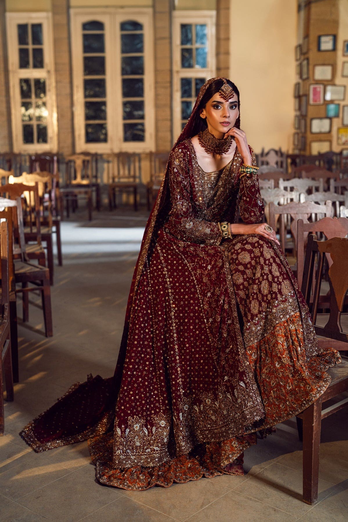 Long Open Pishwas Maroon Bridal Lehenga