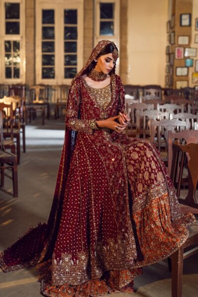 Long Open Pishwas Maroon Bridal Lehenga