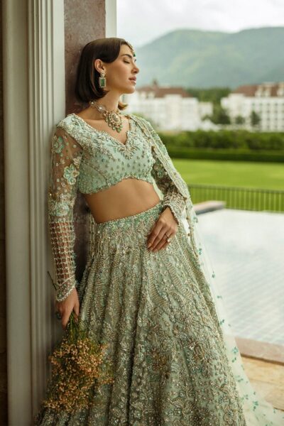 Aqua Green Embroidered Net Lehenga Choli - Image 3