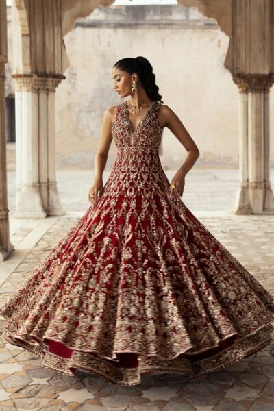 Red Bridal Outfit in Lehenga Frock