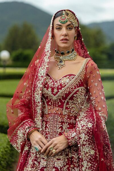 Pakistani Bridal Lehenga Shirt in Red - Image 5