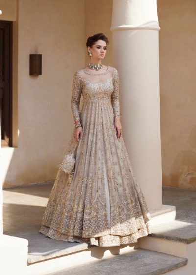 Elegant Pakistani Ivory Bridal Gown with Lehenga