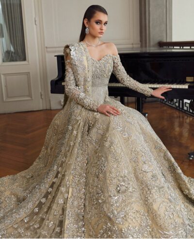 Indian Off-Shoulder Bridal Gown with Dupatta - Image 4