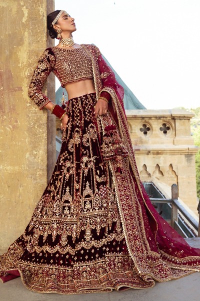 Maroon Pakistani Bridal Lehenga Choli with Embellishments - Image 3