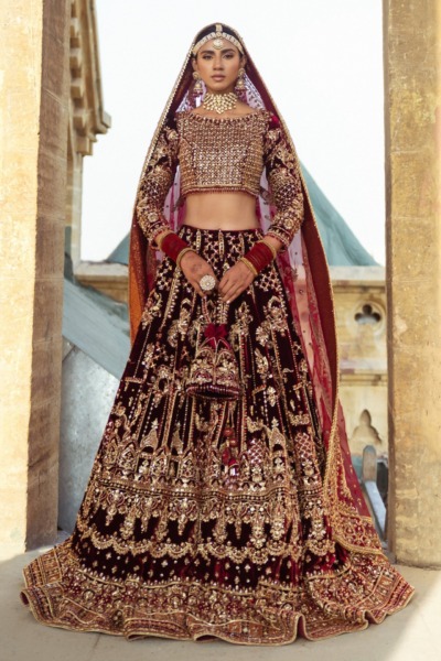 Maroon Pakistani Bridal Lehenga Choli with Embellishments