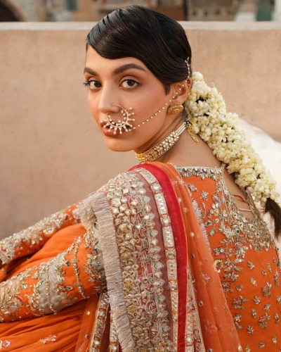 Orange Pakistani Wedding Outfit in Kameez and Gharara - Image 4