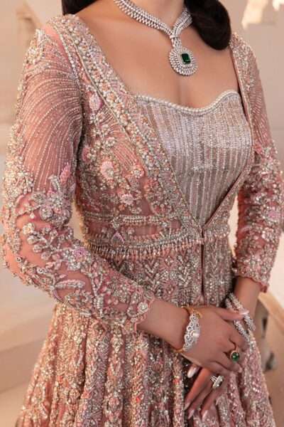 Pakistani Bridal Open Pishwas and Lehenga Outfit - Image 4