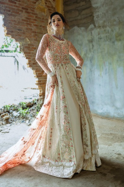 Pakistani Wedding Cream Peach Net Pishwas Lehenga - Image 5