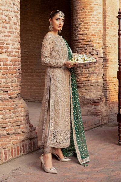 Pakistani Wedding Outfit in Long Kameez and Churidar - Image 4