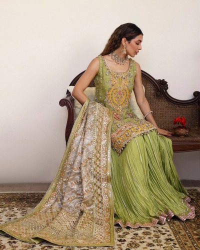 Parrot Green Pakistani Wedding Crushed Sharara - Image 2