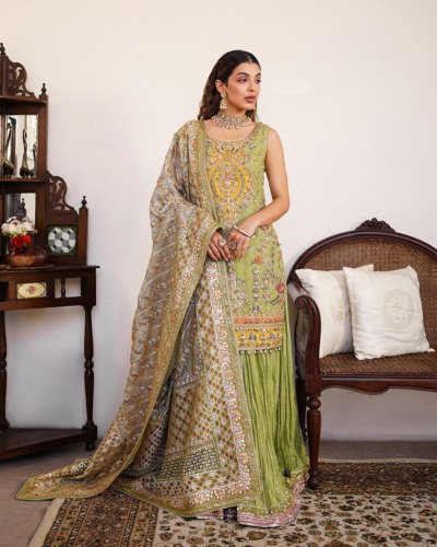 Parrot Green Pakistani Wedding Crushed Sharara