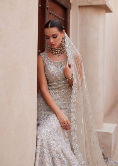 Royal Pakistani Bridal Elegant Silver Gown - Image 3